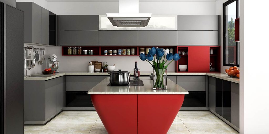 objevte elegantní a funkční moderní červeno-šedou kuchyni, která oživí váš domov svým stylovým designem a praktickými prvky.
